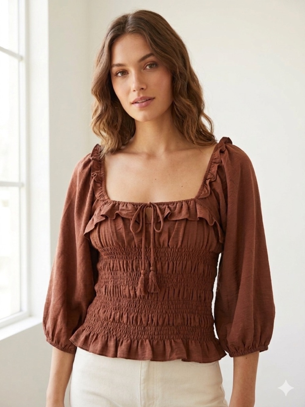Blanque Rust Brown Smocked Puff Sleeve Blouse